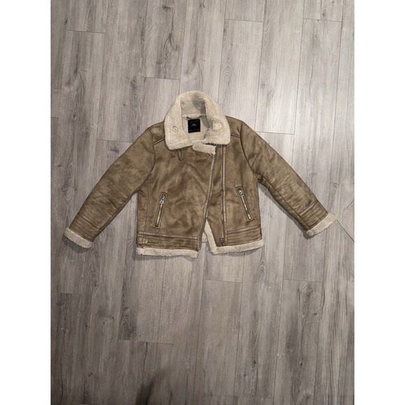 ZARA Faux Shearling Aviator Jacket – Brown Suede Biker Coat- Size XL - Picture 1 of 4